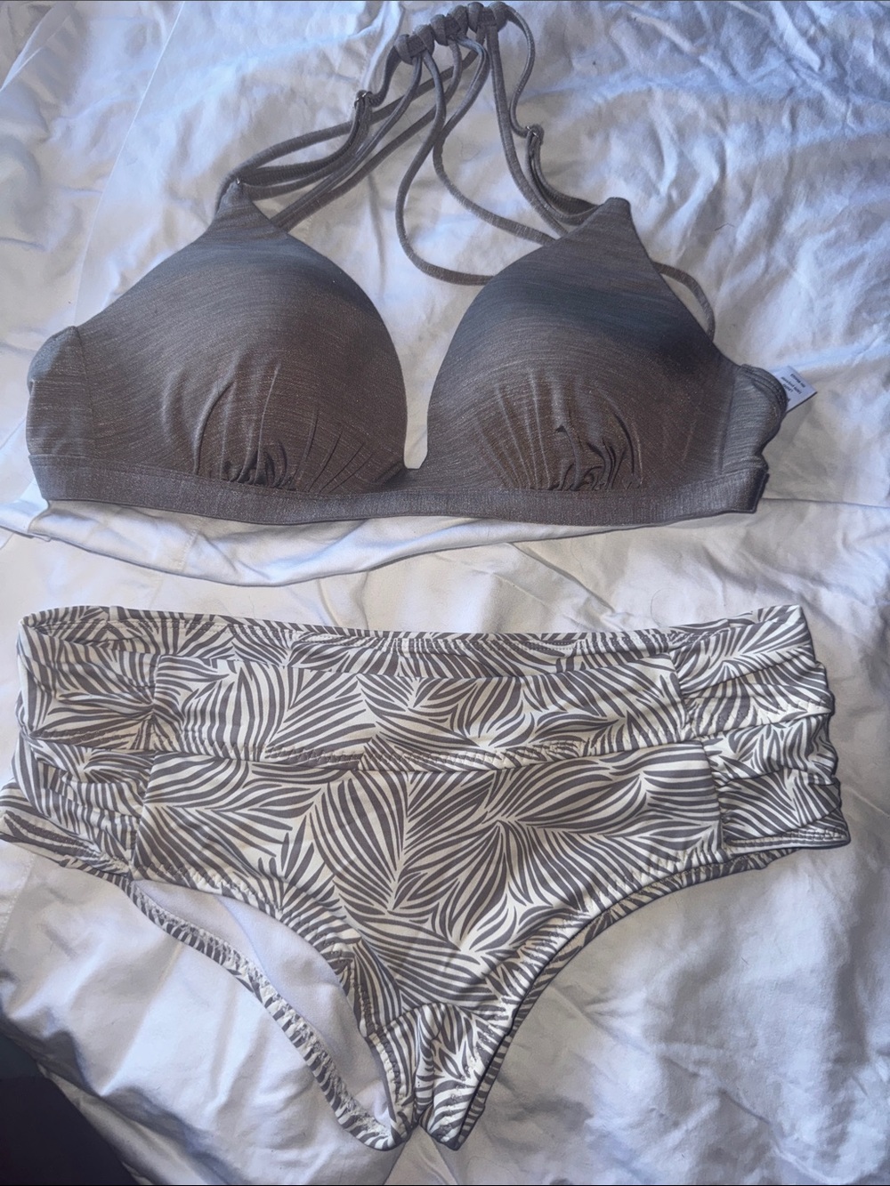 Women's Two-Piece Swim Set in Taupe and Leaf Print